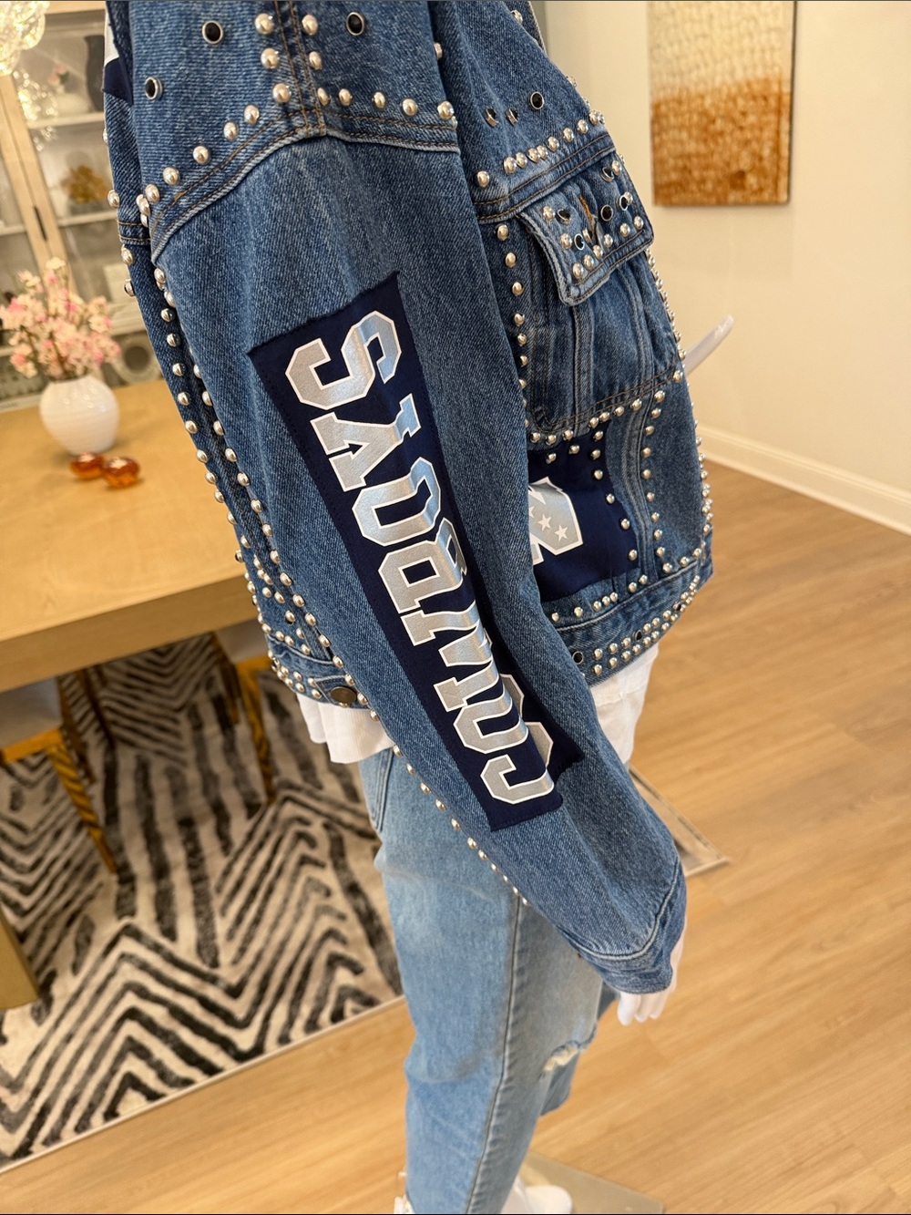 NFL  Officially Licensed Dallas Cowboys Studded Denim Women’s Cropped Jacket - Picture 5 of 15